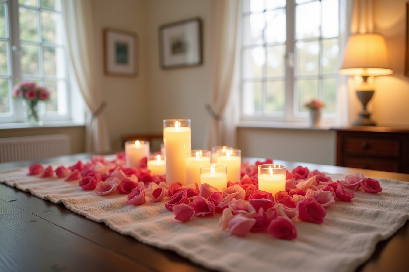 Red and pink rose petals scatter across a dark table with a runner and eight flameless candles creating warm pools of light.
