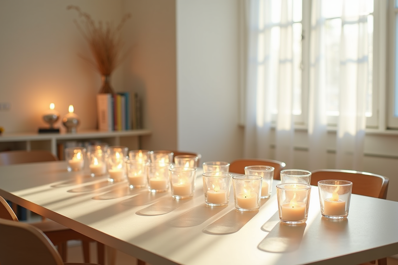 Twelve glass votive holders with flameless candles arranged in two staggered rows down the center of a long table.