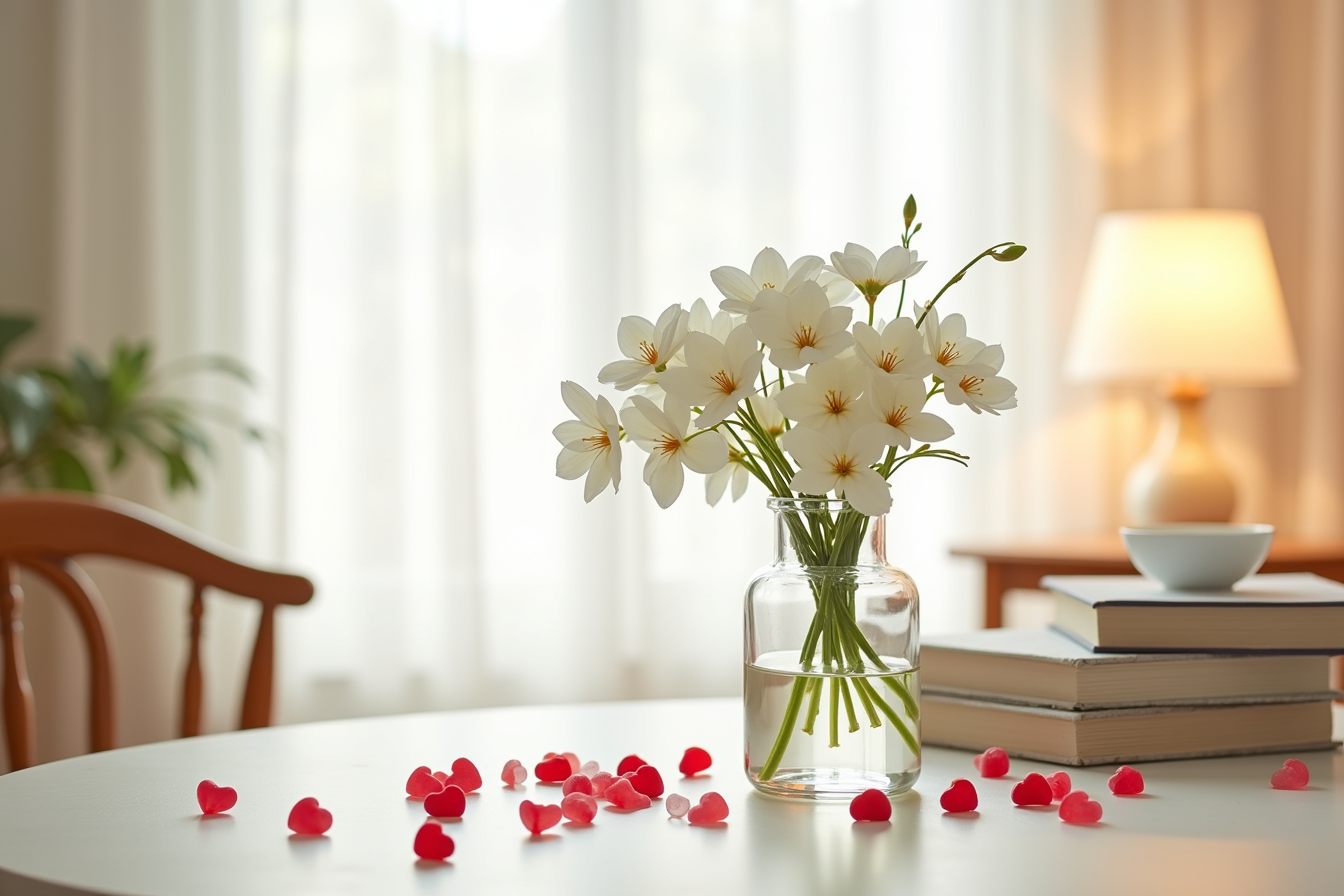 A glass vase of white flowers is surrounded by scattered red acrylic hearts on the table surface.