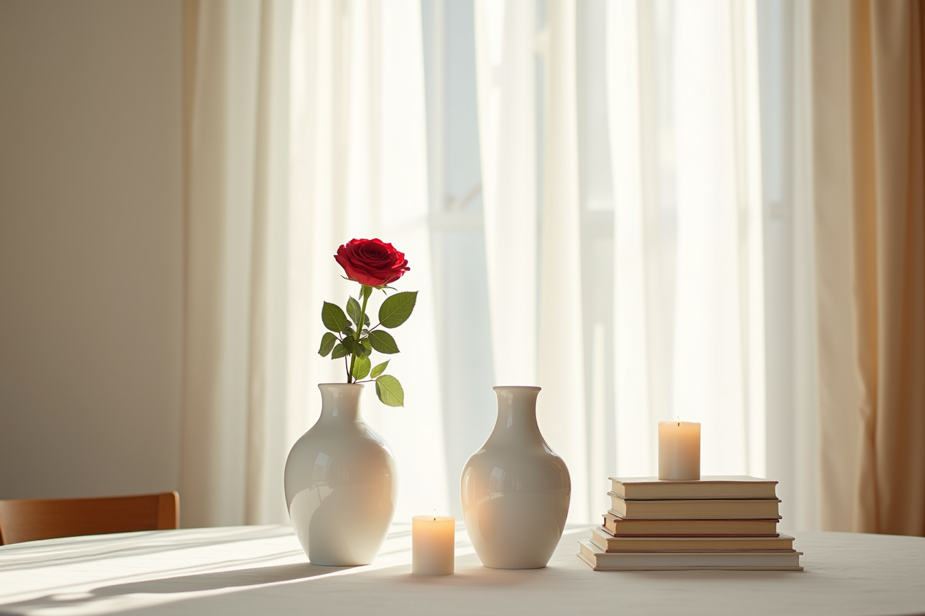 Two white ceramic vases with single red roses sit at opposite ends of a dining table lit by candlelight.