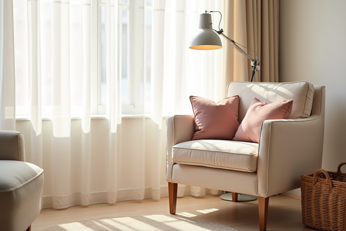 Two small dusty pink heart pillows fit proportionally on a compact armchair above a woven basket.