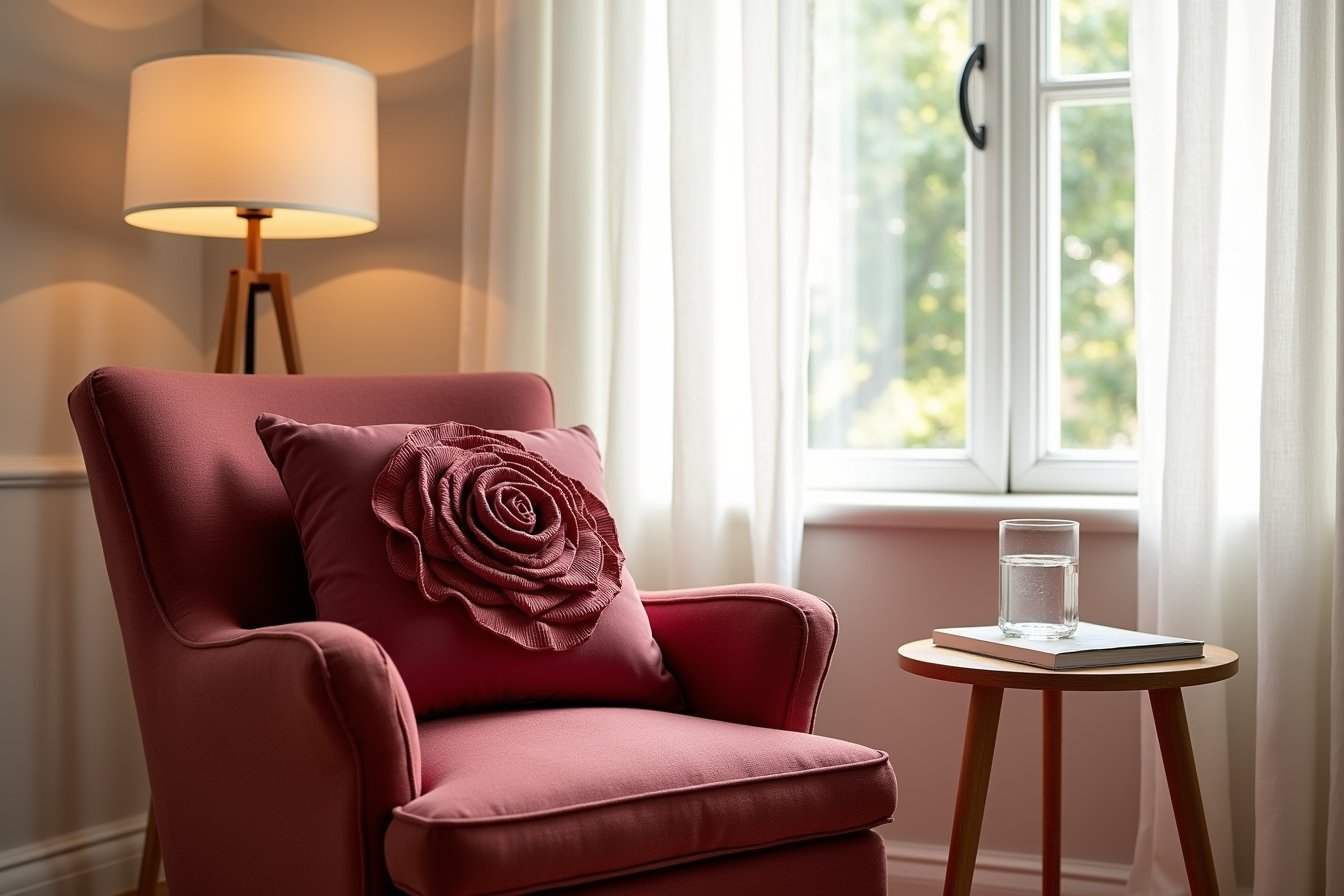 A burgundy chair displays a textured rose-patterned pillow with a side table and water glass nearby.