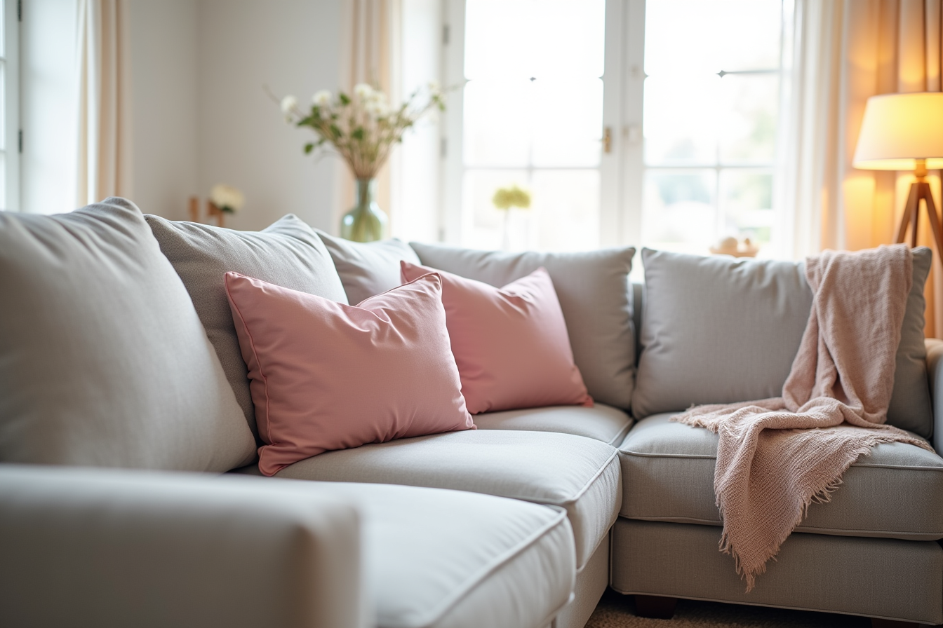 Pink pillows accent a gray sectional with a woven blanket draped across one armrest.