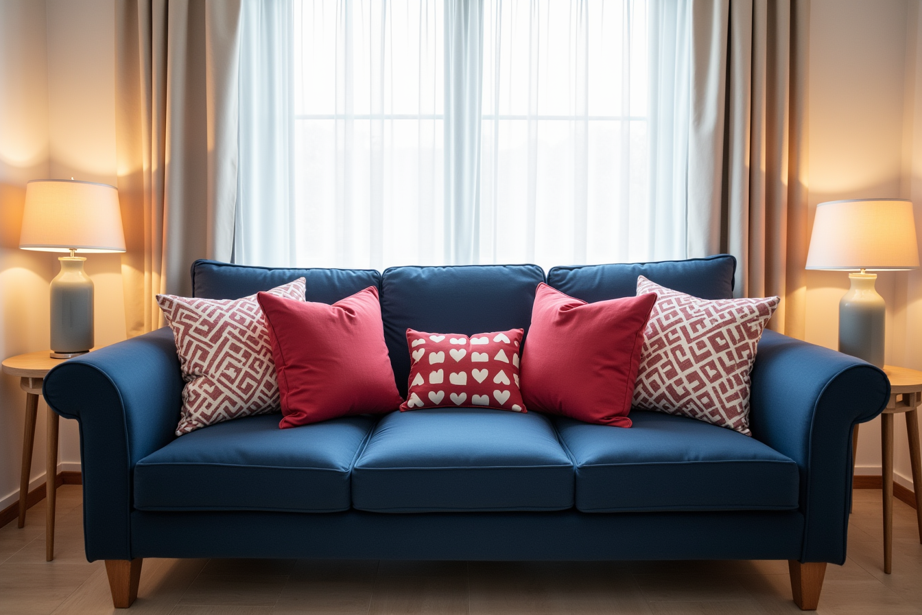 Four matching red and cream square pillows with coordinated patterns cover a navy sofa.