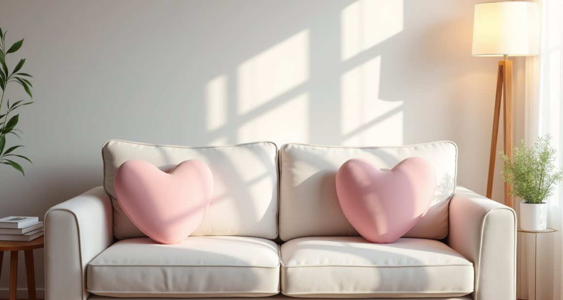 Two pink heart pillows rest on a cream sofa beside a wooden table holding a potted plant.