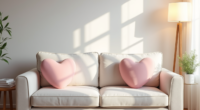 Two pink heart pillows rest on a cream sofa beside a wooden table holding a potted plant.