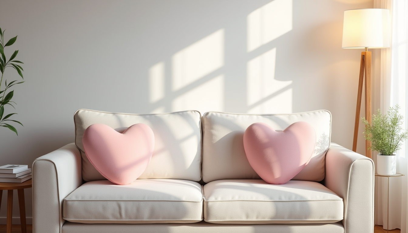 Two pink heart pillows rest on a cream sofa beside a wooden table holding a potted plant.