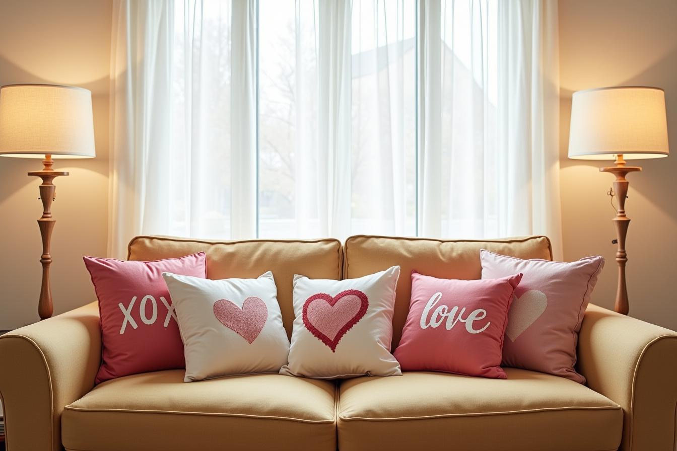 Five overlapping throw pillows with XOXO and heart graphics in different colors fill a tan sofa.