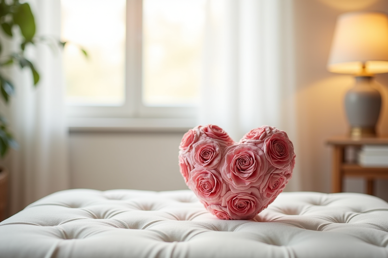 A three-dimensional pink and red heart pillow with embossed floral details sits on a white ottoman.