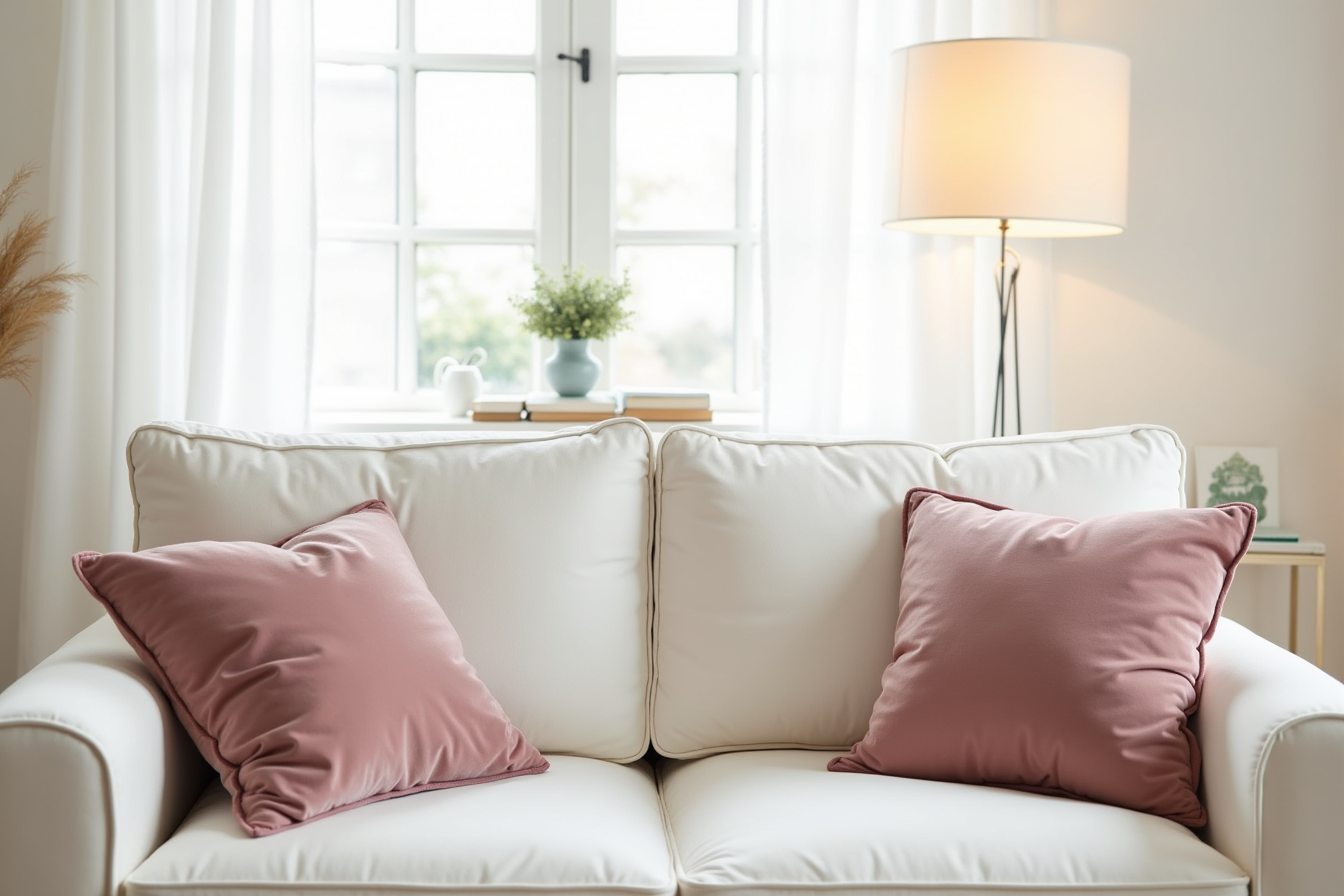 Rose and mauve velvet pillows on a white sofa with a chrome lamp and natural window light.