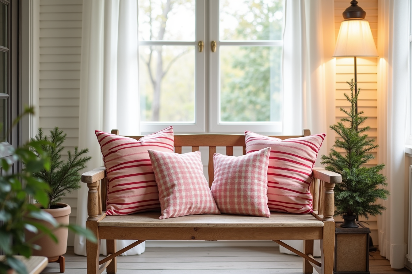 Red and white striped outdoor pillows and a potted evergreen decorate a weathered wooden porch bench.