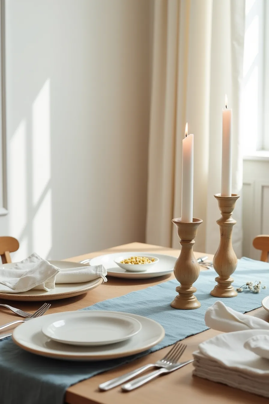 Soft blue table runner with wooden charger, lit brass candlestick, white ceramic bowl, and folded linen napkin on natural