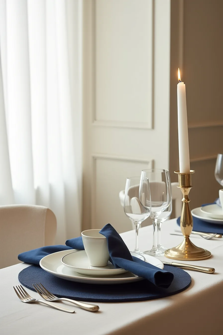 Navy placemat topped with cream plates, silver utensils, triangular navy napkin, and gold candlestick with unlit candle.