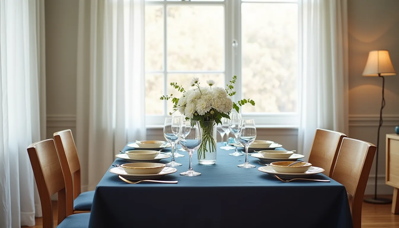 Navy tablecloth set with cream dinnerware, gold-rimmed glasses, and white flowers in a clear vase on a wooden dining table.