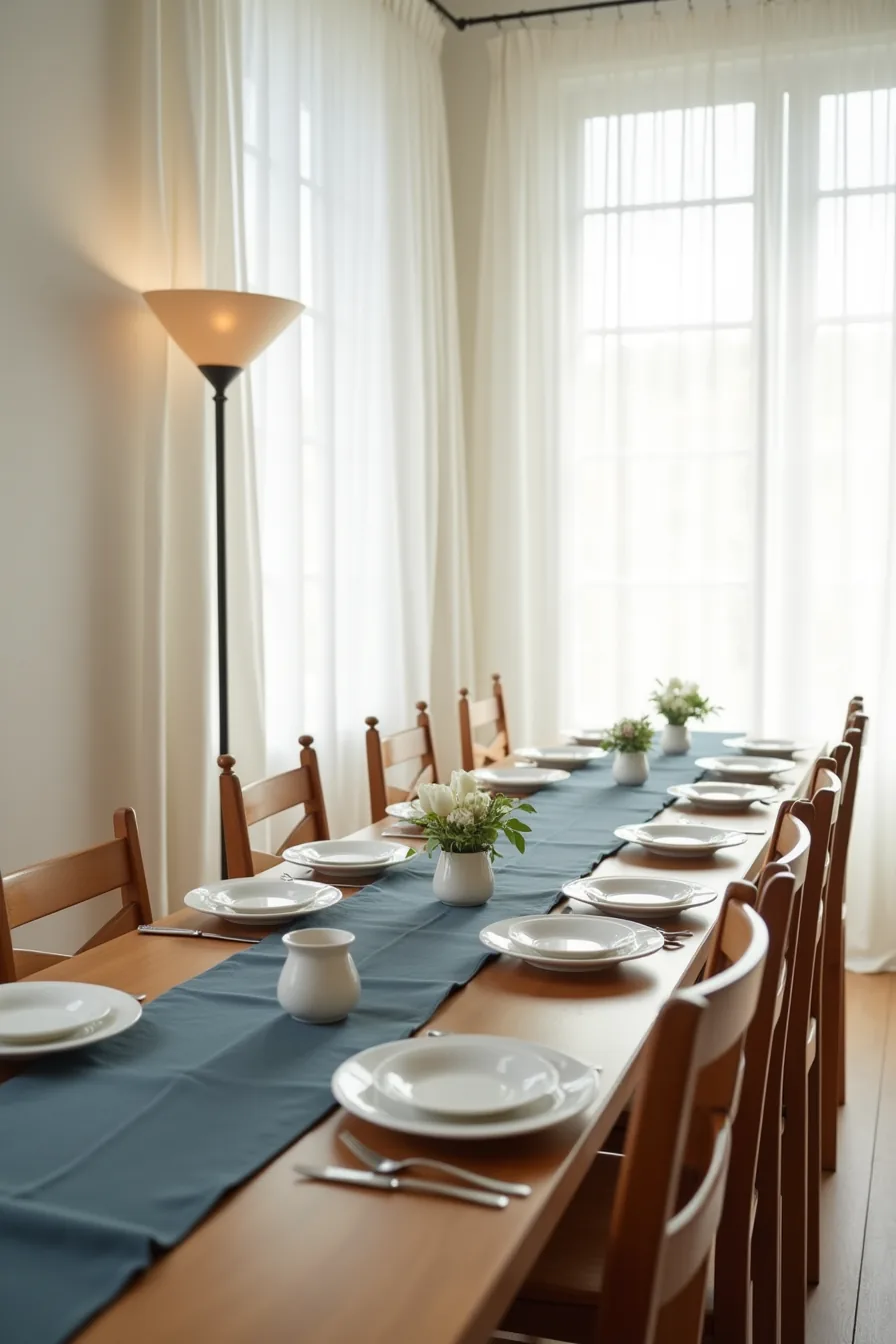 Table runners gradient from dark navy to light periwinkle with white plates, single flower stem in small vase, and tight