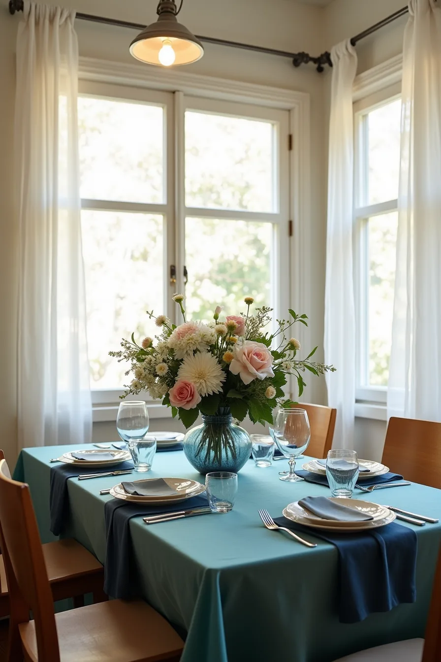 Cramped table with oversized centerpiece, mismatched navy and teal linens, dim lighting, and crowded place settings with