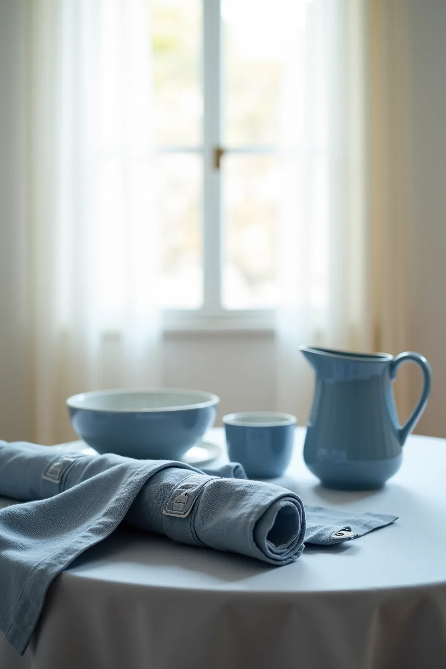 Slate-blue tablecloth and napkins with linen rings, coordinating blue serving bowl and pitcher, displayed on neutral
