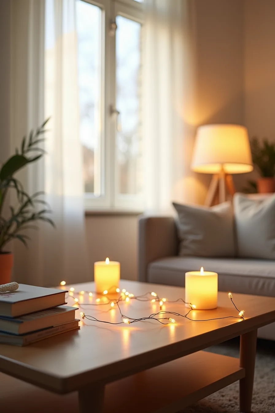 Coffee table glowing with draped string lights in a grid pattern, LED candles at corners, and uplighting from beneath the