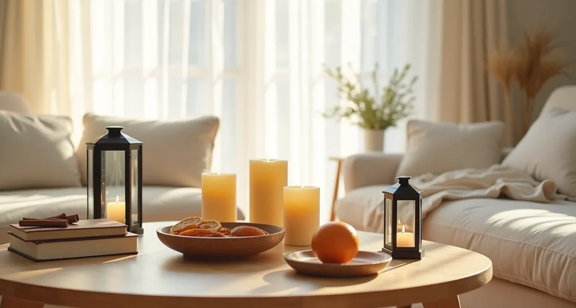 Overhead view of a coffee table with cream candles, amber votives, black lanterns, and a wooden bowl of cinnamon sticks and