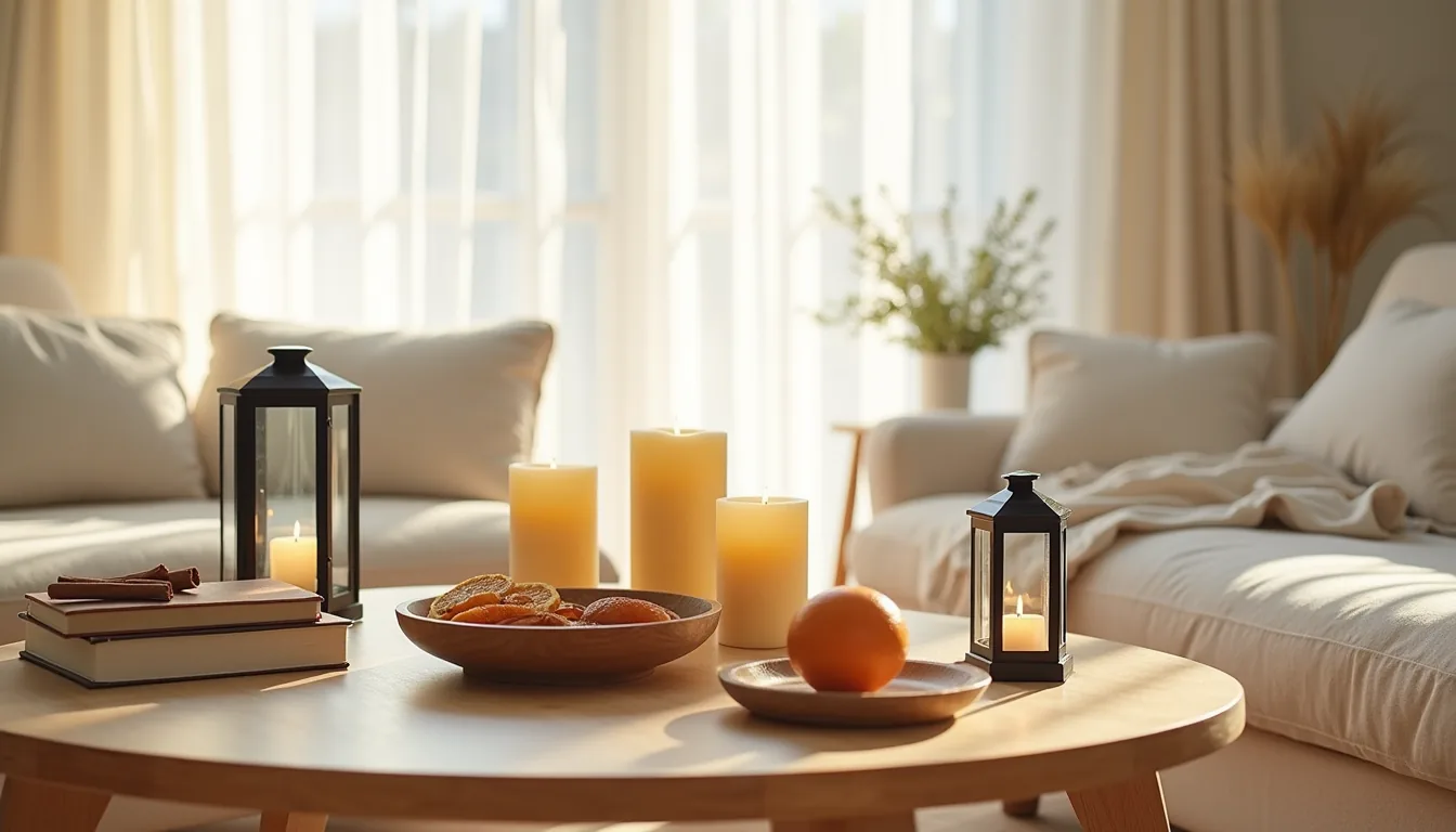 Overhead view of a coffee table with cream candles, amber votives, black lanterns, and a wooden bowl of cinnamon sticks and