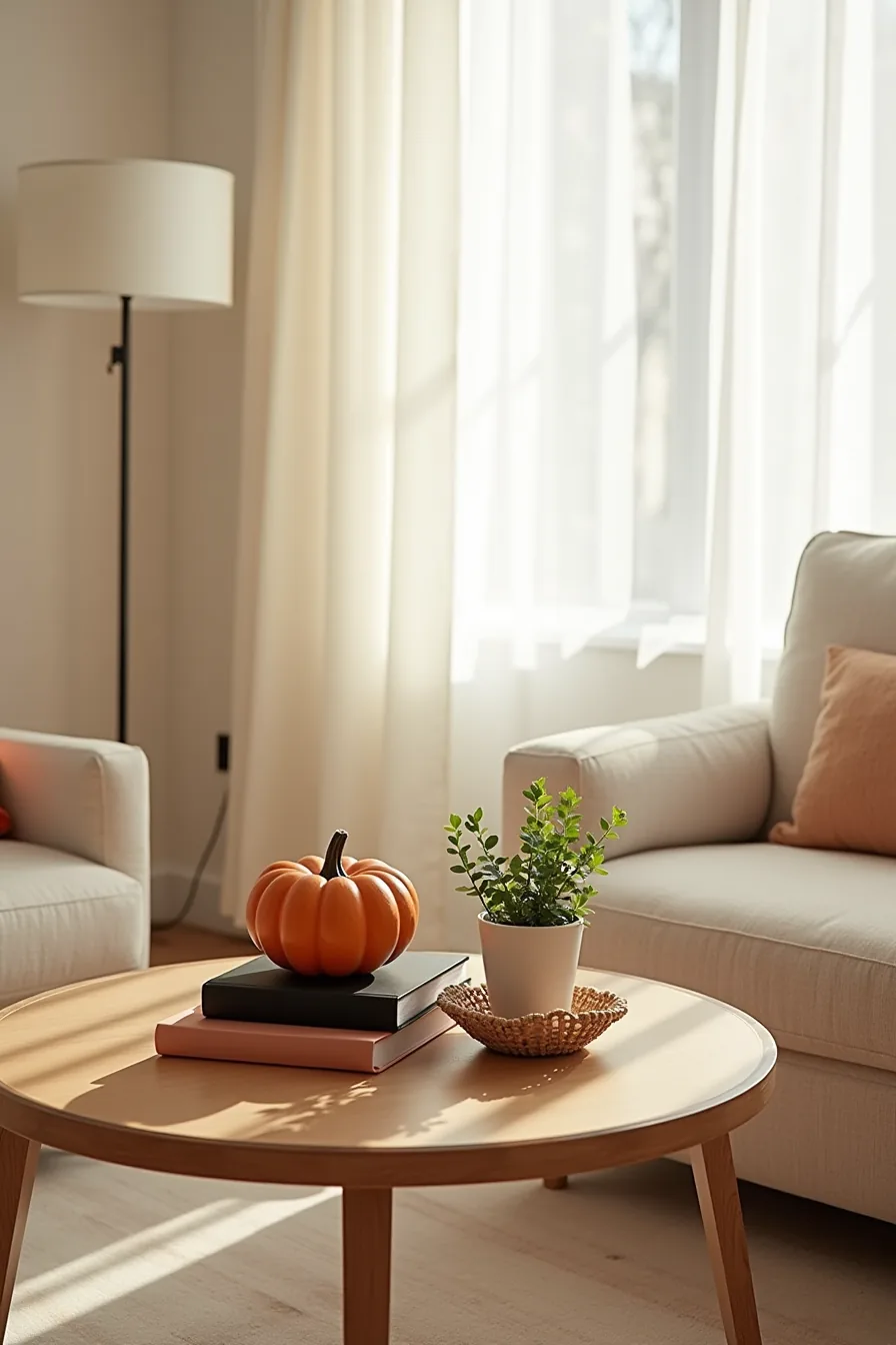 Round coffee table with four separate Halloween décor items positioned in distinct quadrants: ceramic pumpkin, stacked