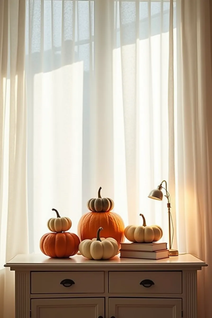 Console table with gourds and pumpkins arranged in a triangular pyramid in cream, rust, and deep orange tones.