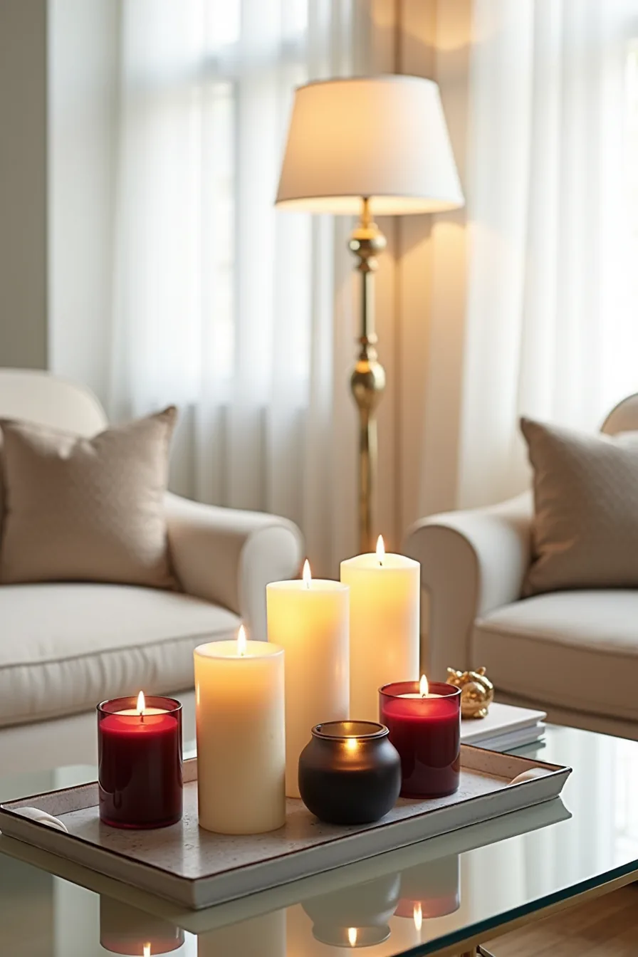 Glass coffee table displaying varied-height candles in cream, burgundy, and black with frosted hurricanes and a brass