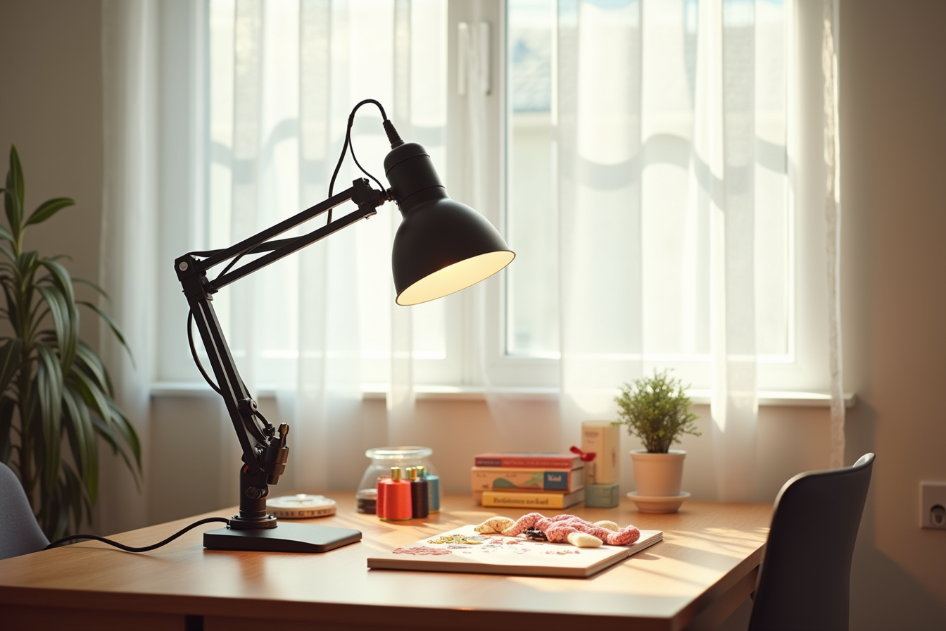 Dual-arm black desk lamp illuminates a craft table with thread spools, fabric scraps, and sewing supplies below.