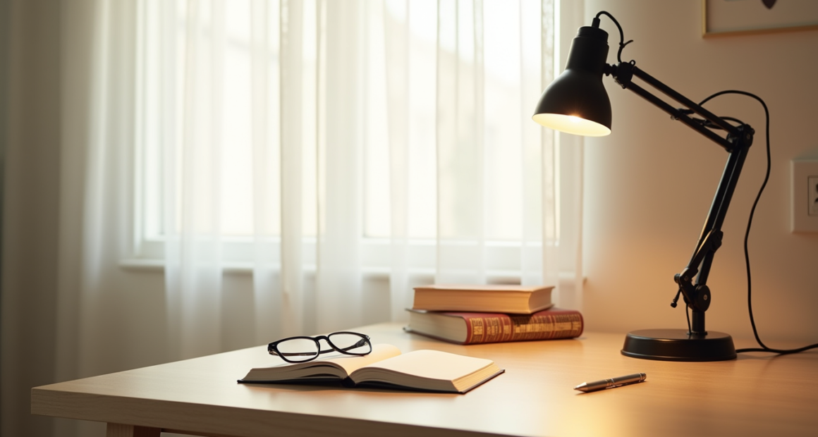 Black corded table lamp with adjustable arm shines warm light over a desk with reading glasses, notebook, and pen.