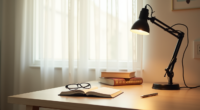 Black corded table lamp with adjustable arm shines warm light over a desk with reading glasses, notebook, and pen.