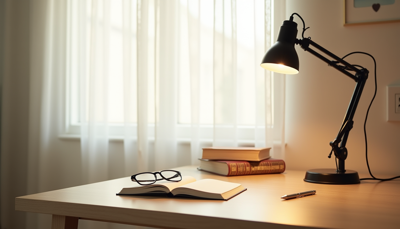 Black corded table lamp with adjustable arm shines warm light over a desk with reading glasses, notebook, and pen.