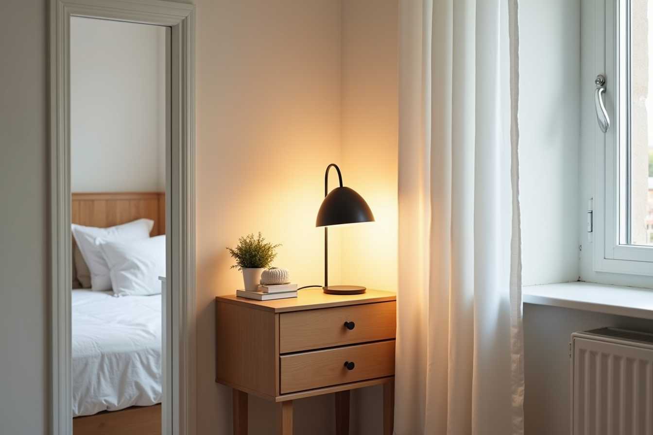 Cordless black table lamp on a console table emits soft light over a potted plant and decorative object near a bedroom