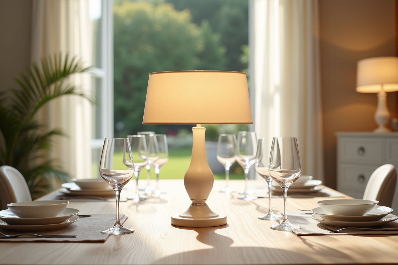 Cordless table lamp centered on an elegant dining setup with wine glasses and place settings, patio doors opening to garden