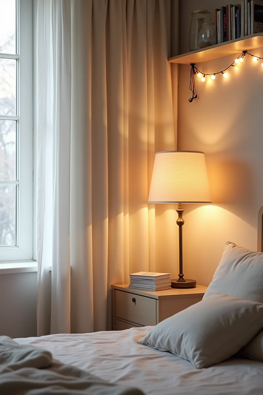 Dusk bedroom corner with brass table lamp, floor lamp with linen shade, and string lights creating warm ambient lighting.