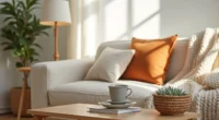 Wooden coffee table styled with a chunky knit throw, rust pillow, ceramic mug, and woven basket in warm afternoon light.