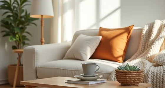 Wooden coffee table styled with a chunky knit throw, rust pillow, ceramic mug, and woven basket in warm afternoon light.
