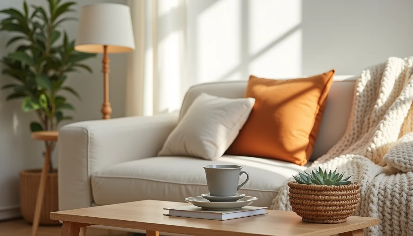 Wooden coffee table styled with a chunky knit throw, rust pillow, ceramic mug, and woven basket in warm afternoon light.
