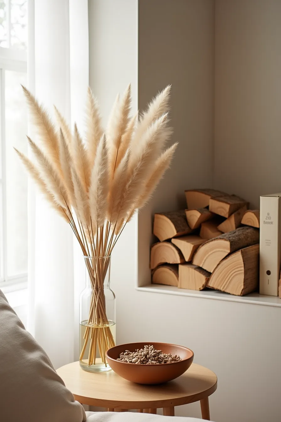 Glass vase with dried pampas grass and branches next to a wooden bowl of seed pods, with firewood stacked on a shelf.