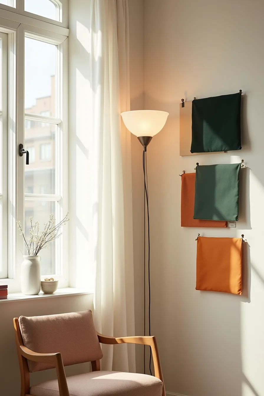 Color swatches on a wall showing jewel-tone velvet, taupe, burnt orange linen, and forest green samples in natural light.