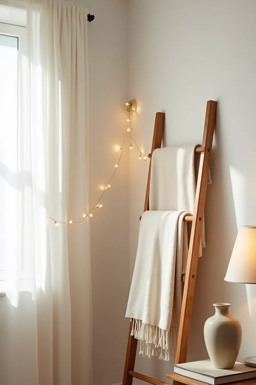Adhesive hooks hold a throw and string lights on the left; a vintage wooden ladder displays a wool blanket with a ceramic