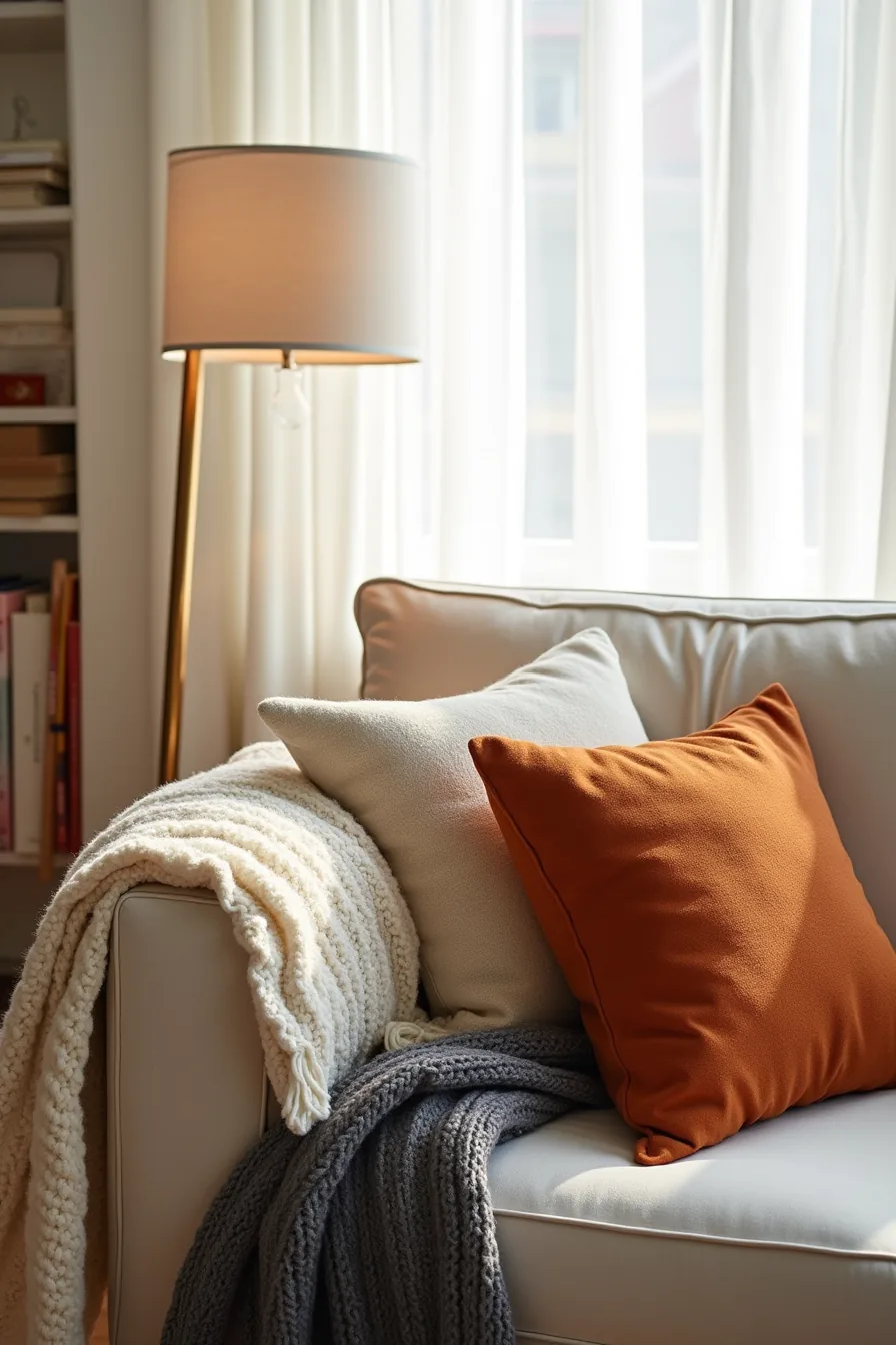 Sofa corner layered with cream, burnt orange, and charcoal throws topped with linen, wool, and cable knit pillows.