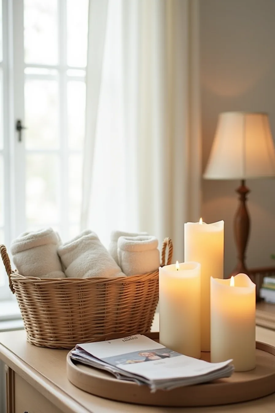 Cream and amber pillar candles of varying heights surrounded by woven baskets filled with folded blankets and magazines.