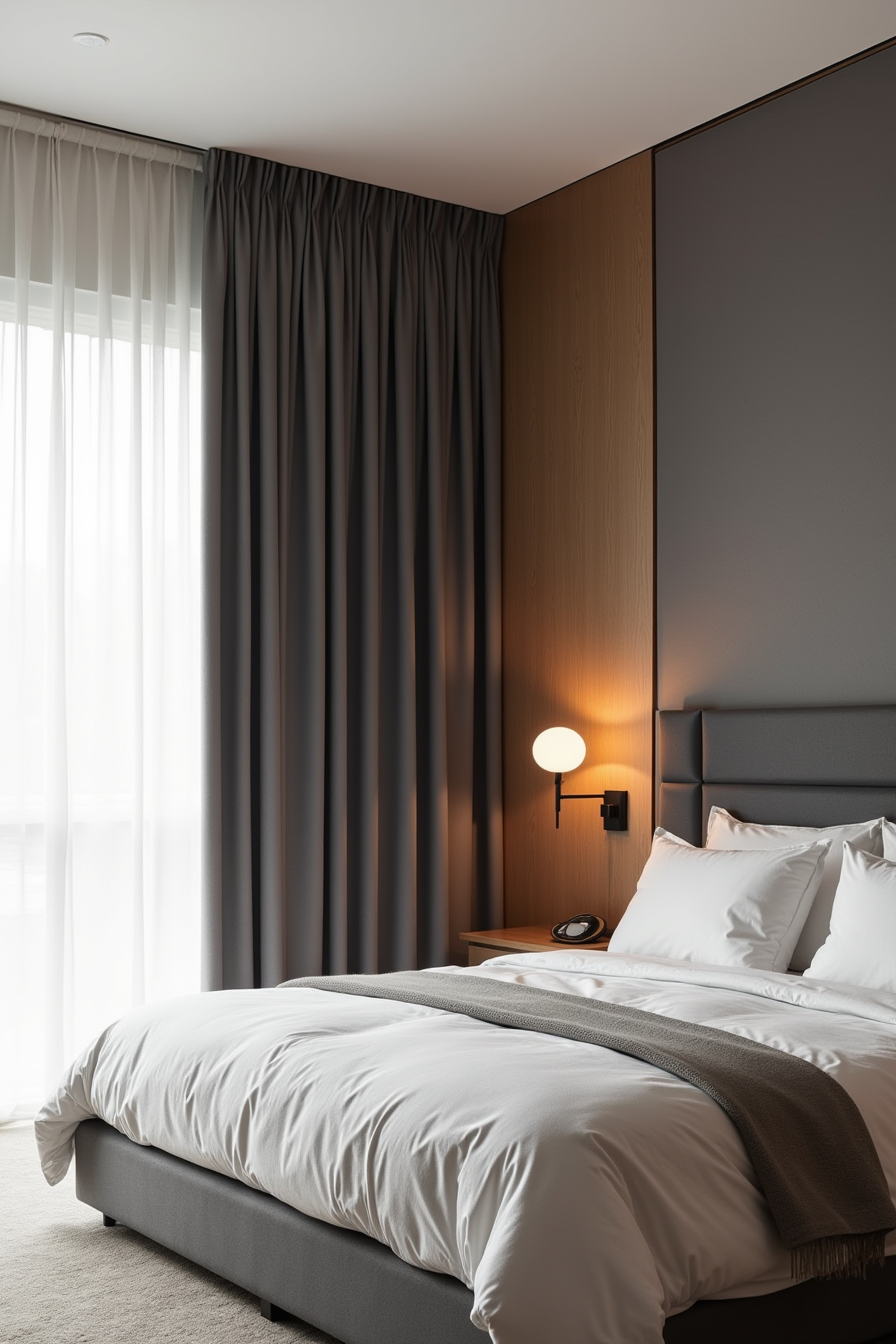 Floor-to-ceiling charcoal curtain panels pooling at the base, hung from a ceiling-mounted rod above a bed with prominent