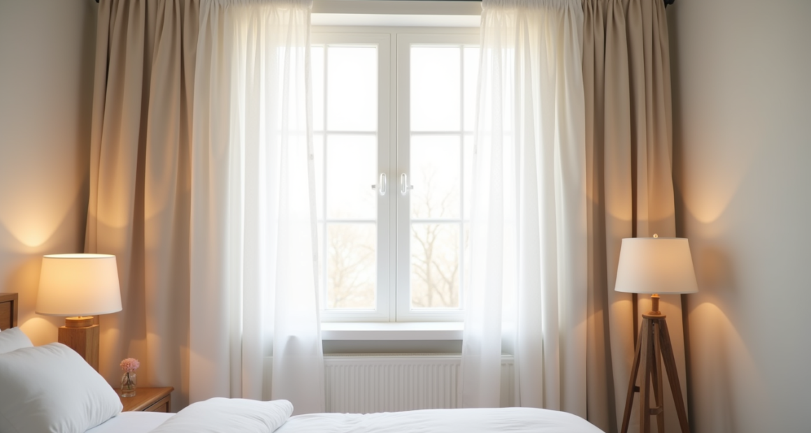 Two layered curtain panels on a single rod with sheer white in front and blackout behind, both drawn to the sides of a