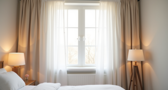 Two layered curtain panels on a single rod with sheer white in front and blackout behind, both drawn to the sides of a