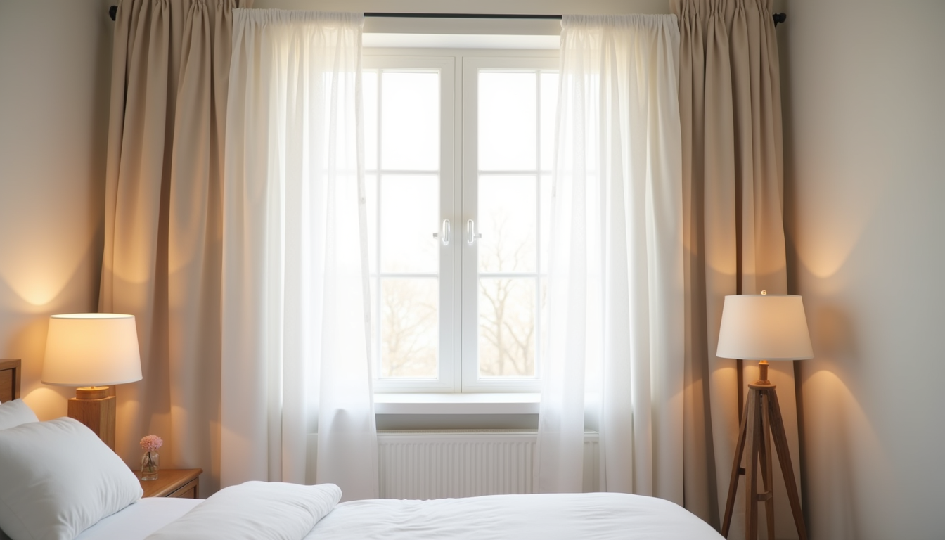 Two layered curtain panels on a single rod with sheer white in front and blackout behind, both drawn to the sides of a