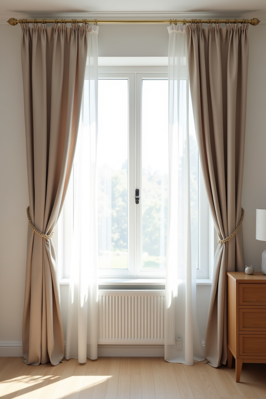 Two warm taupe linen curtain panels with visible weave texture hung on a brass rod, partially open above a wooden dresser.