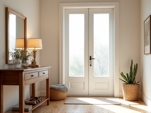 Welcoming entryway with a wood console table and woven basket