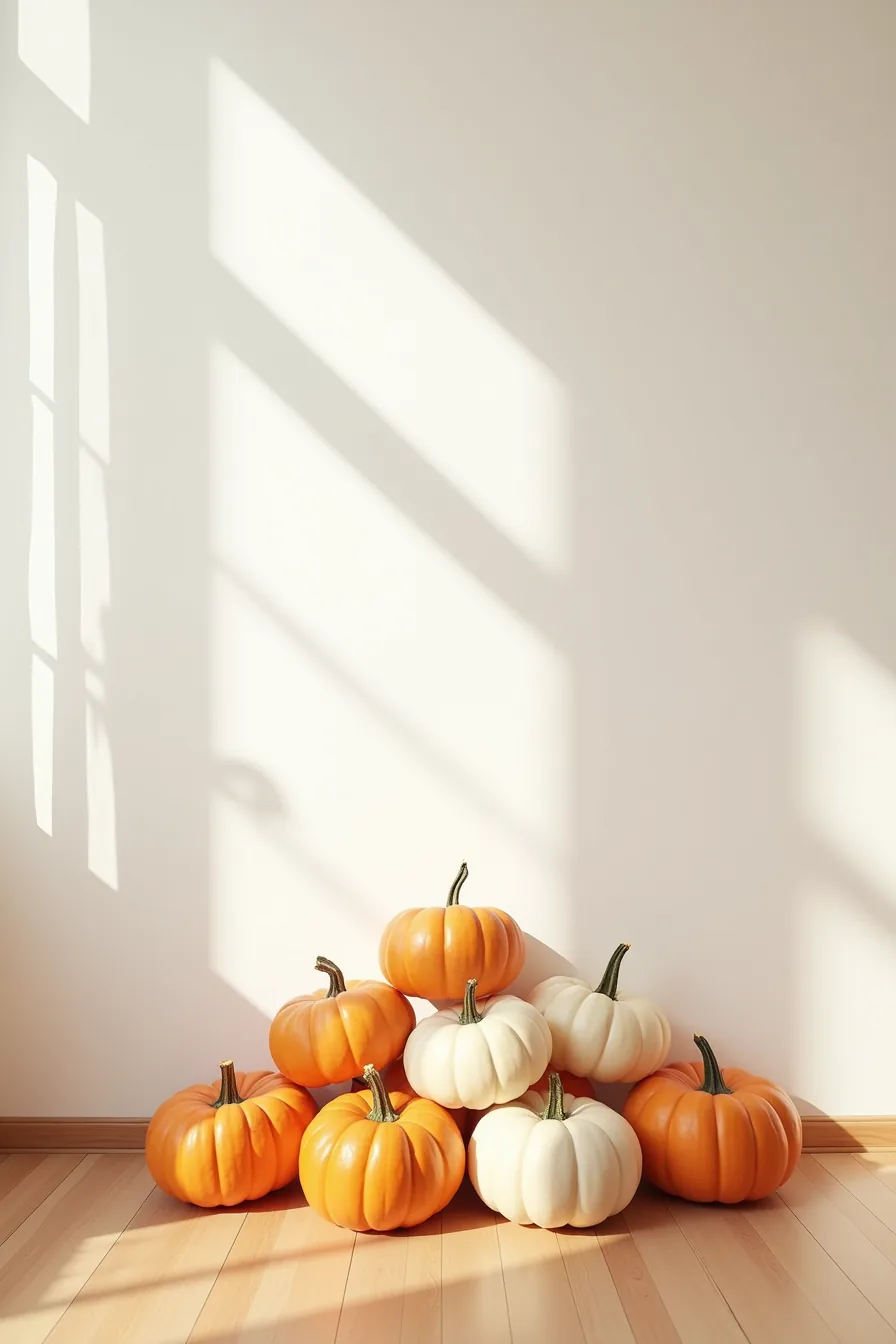 Seven neutral-toned pumpkins arranged in a triangle on hardwood flooring against a white wall, photographed from above.