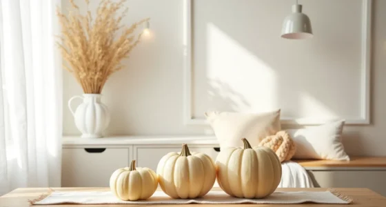 Three cream pumpkins of increasing size sit on a console table with a linen runner, backlit by soft morning window light.